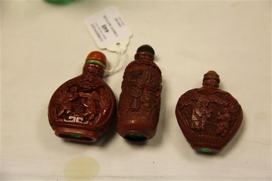 Three Chinese cinnabar lacquer snuff bottles, 1750-1850, Richards no.s 45, 172 and 464